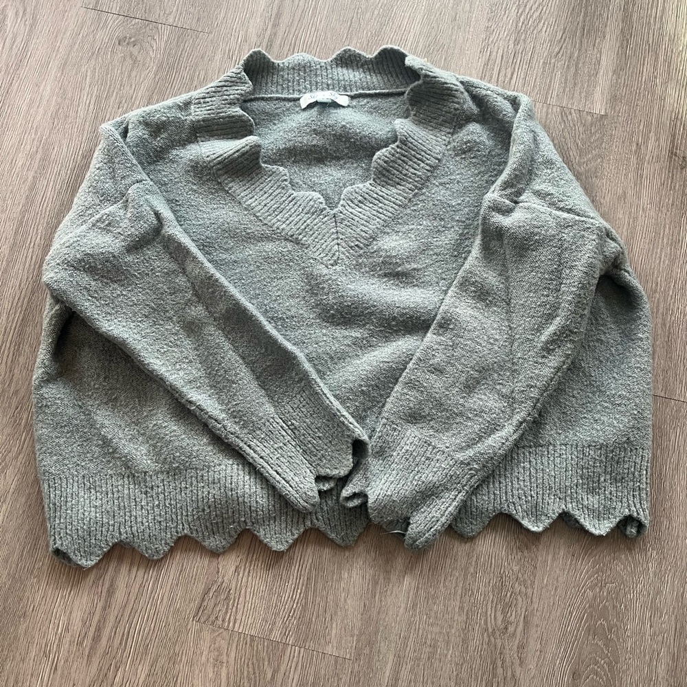 Blue Cropped Sweater with Scalloped Hems
